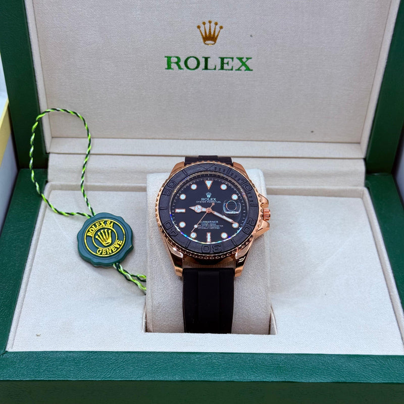 Rolex Strap Rose Gold With Black Rotating Dial With Master Lock