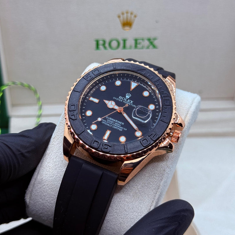 Rolex Strap Rose Gold With Black Rotating Dial With Master Lock